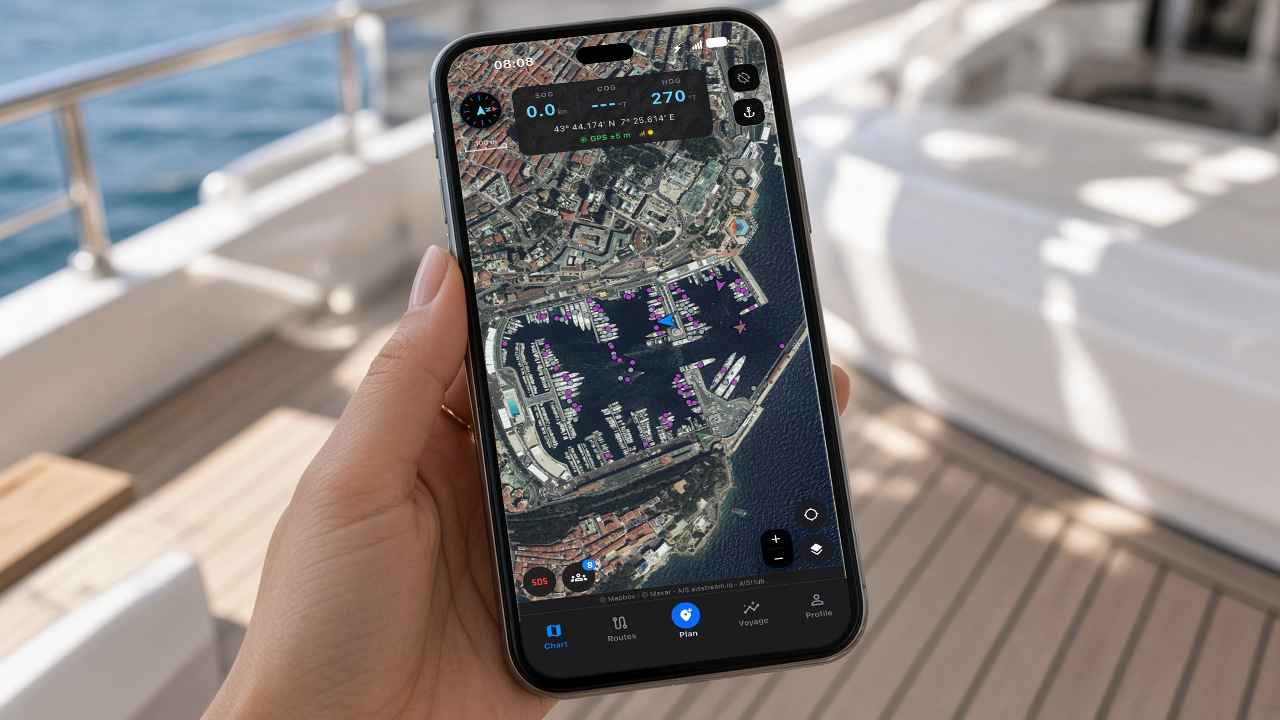 The phone fills the frame, chart of Port Hercule, Monaco