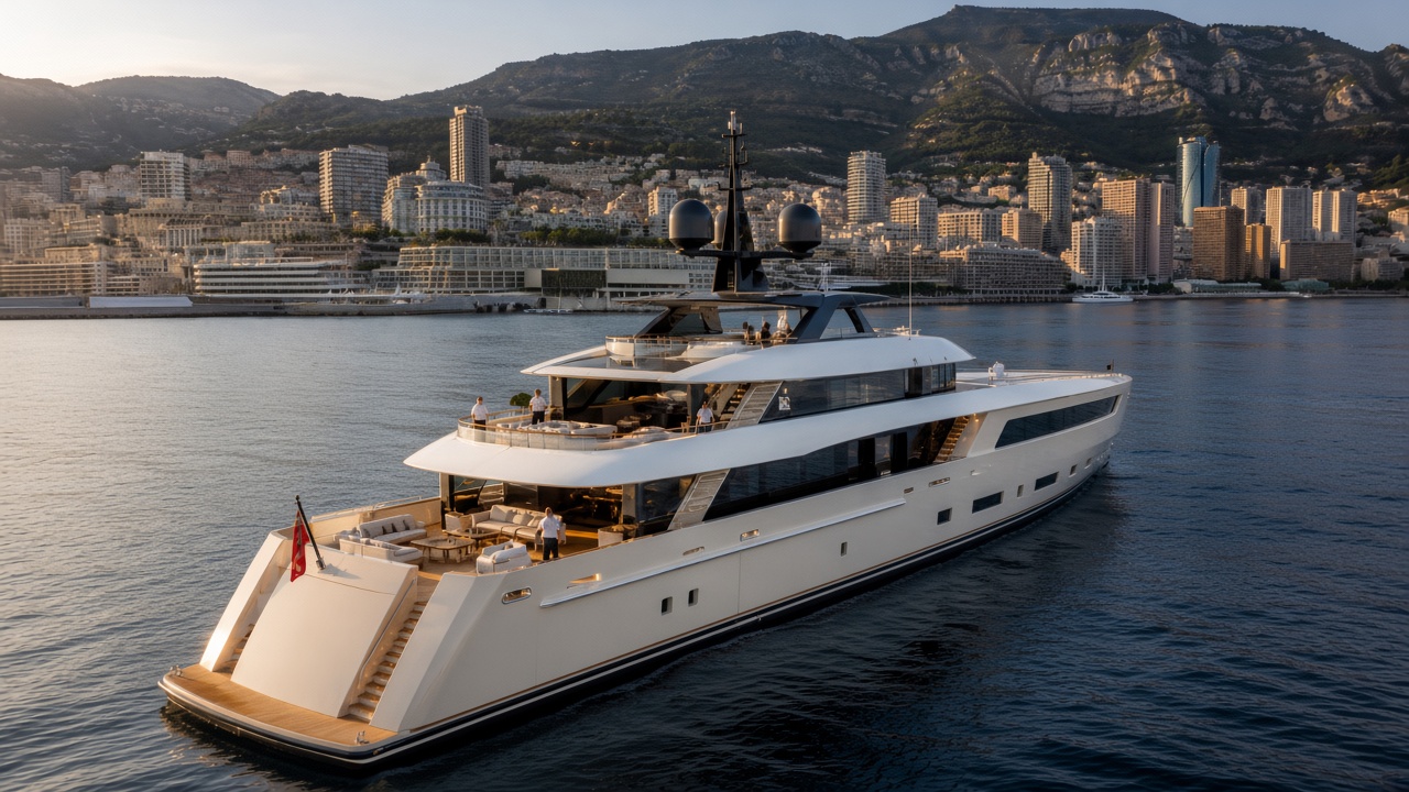 A motor yacht off Monaco, no name on the stern